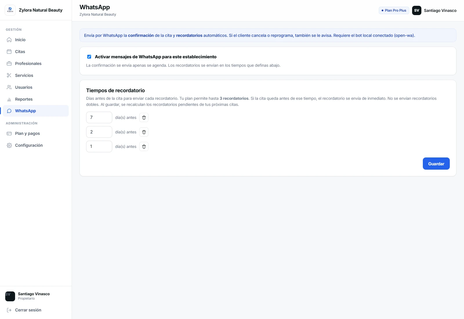 Configuración de los recordatorios automáticos por WhatsApp en el panel del negocio